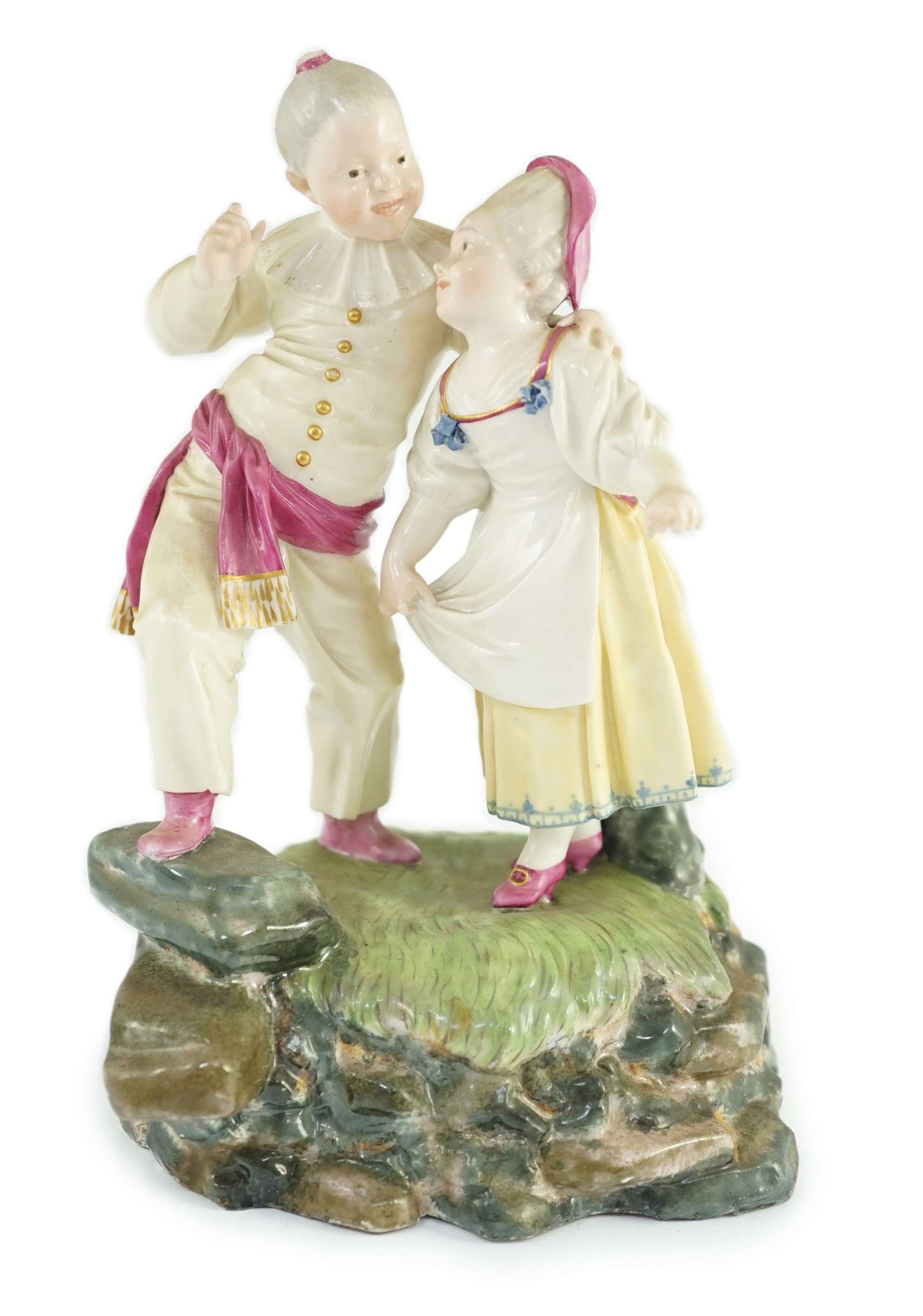 A Höchst porcelain group by Melchior, modelled as a boy and girl wearing fancy dress, c.1770, 16.5cm high, small losses, Provenance - purchased from Winifred Williams, Eastbourne/London before 1970.